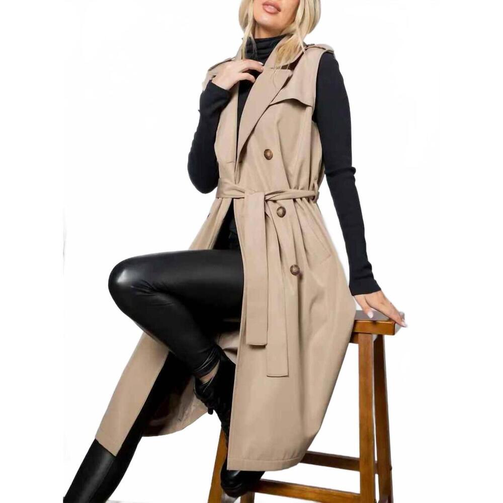 NEW 26 INTERNATIONAL sleeveless trench coat in tan